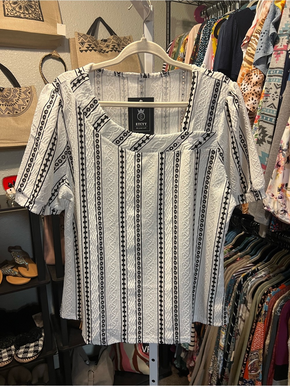 White and Black Striped Textured Square Neck Top